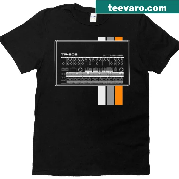 Minimalist typographic TR-909 t-shirt with dark background