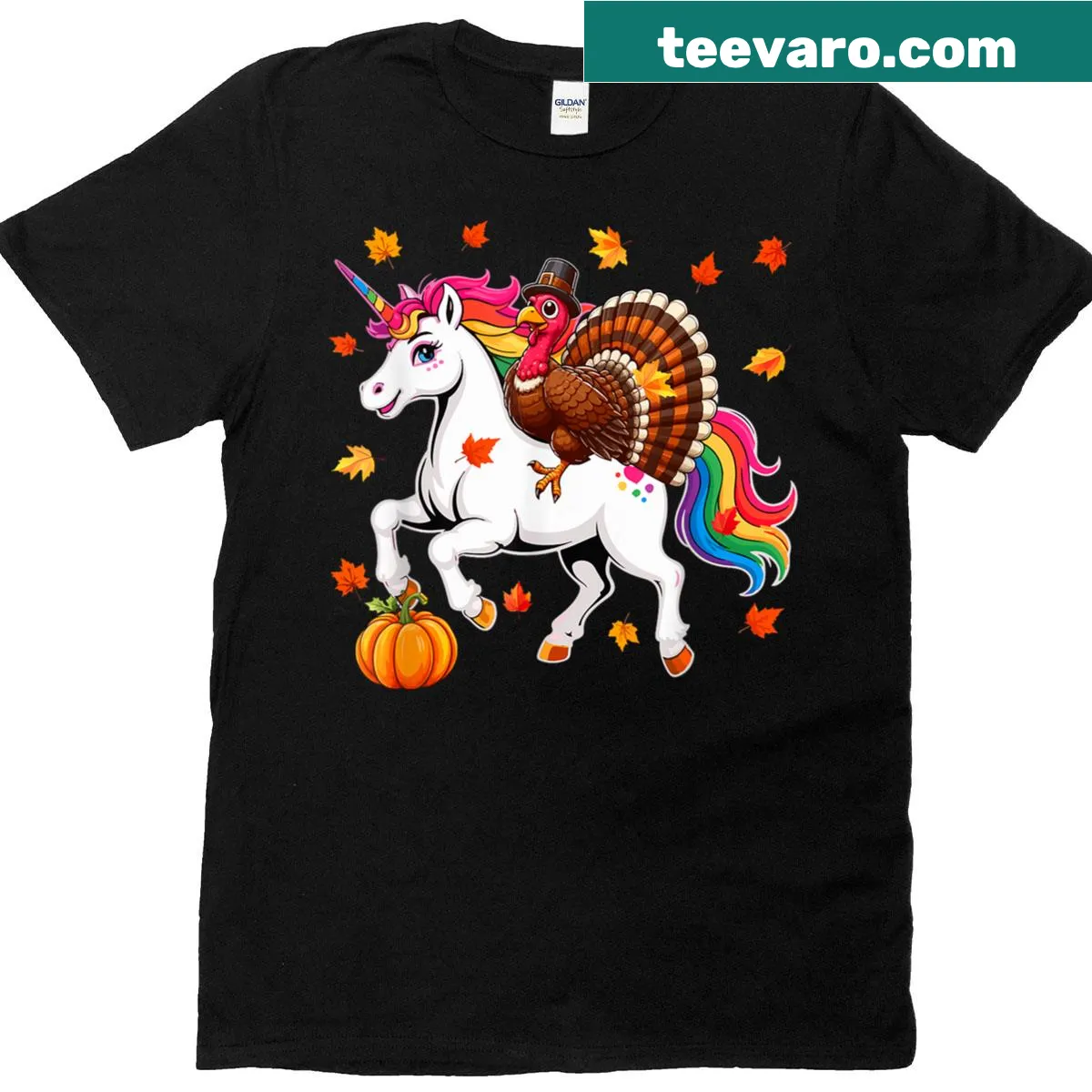 Graphic T-shirt with a turkey riding a unicorn surrounded by fall leaves and pumpkins — on a men's t-shirt