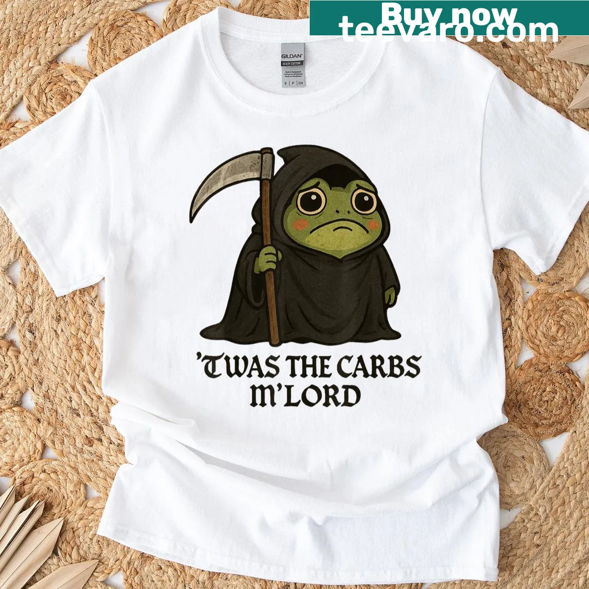 Cute frog design celebrating carbs on a t-shirt — on a men's t-shirt