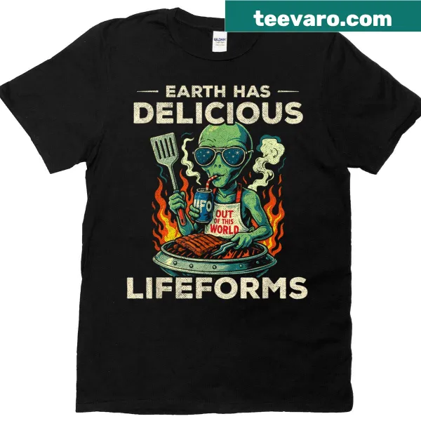 Funny grilling t-shirt featuring a UFO and aliens watching a BBQ