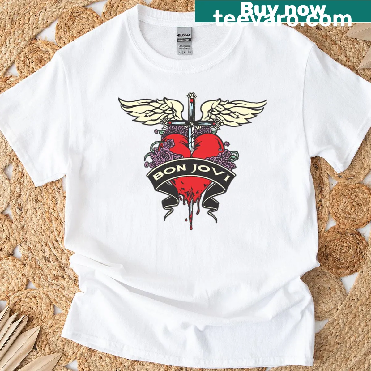 Bold Bon Jovi graphic T-shirt showcasing the band's name repeatedly — on a men's t-shirt