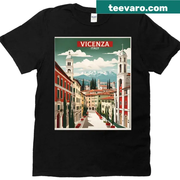 Vintage tourism poster graphic t-shirt featuring Vicenza, Italy