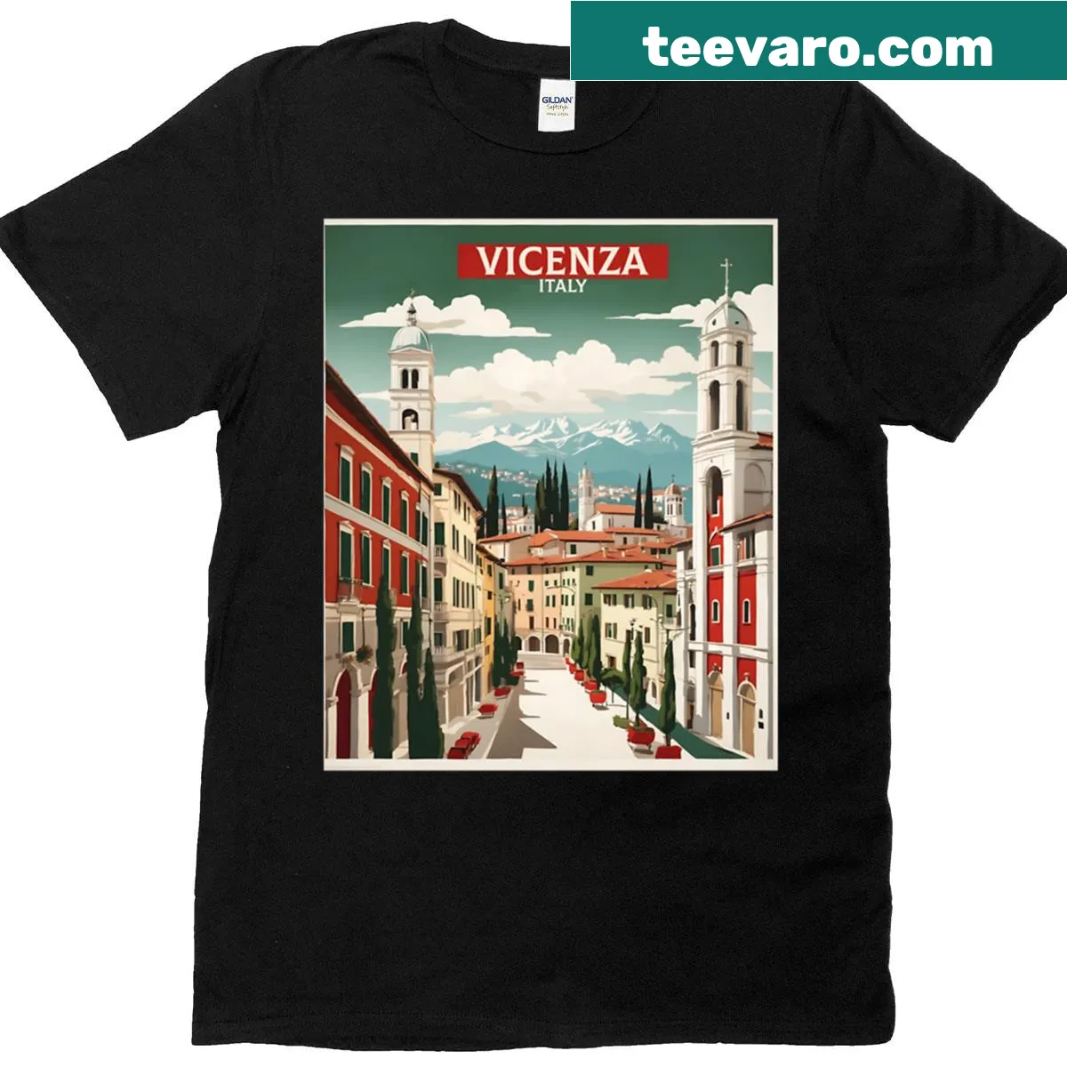 Vintage tourism poster graphic t-shirt featuring Vicenza, Italy — on a men's t-shirt
