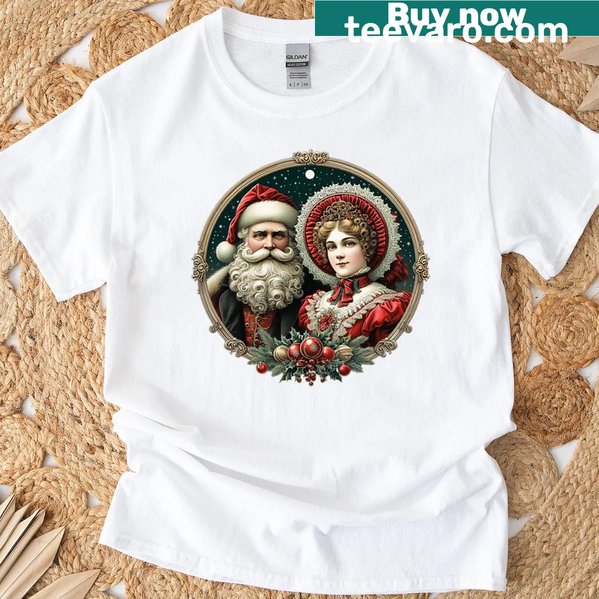 Victorian-style Santa Claus t-shirt featuring Mr. and Mrs. Claus — on a men's t-shirt