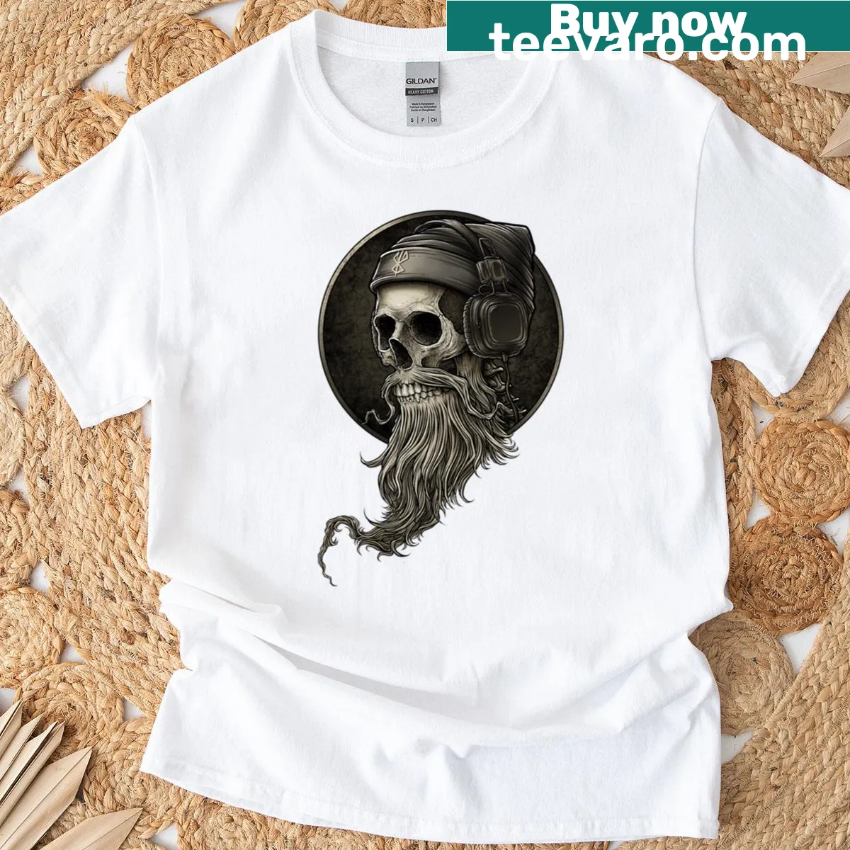 Viking t-shirt featuring a skull with a beard and headphones in a vintage style. — on a men's t-shirt