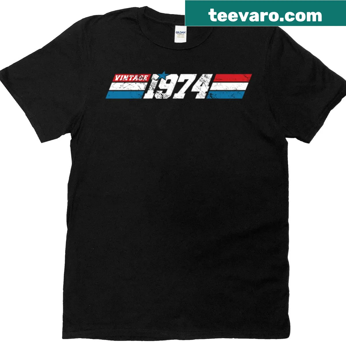 Vintage T-shirt featuring bold typography celebrating the year 1974. — on a men's t-shirt