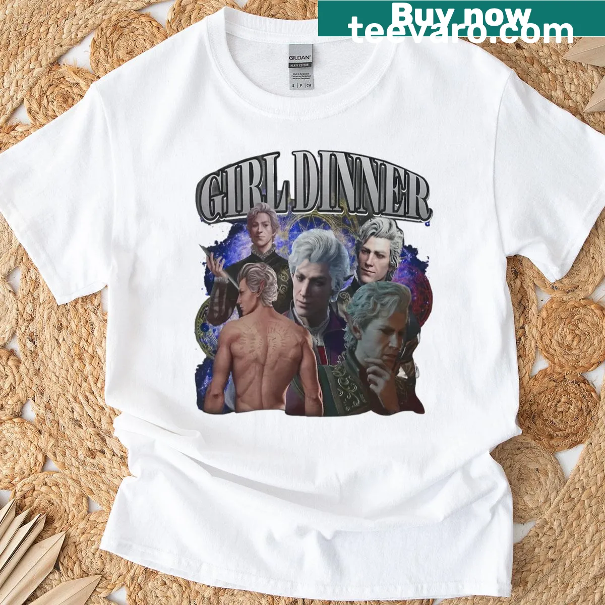 Vintage-style Astarion dinner graphic t-shirt — on a men's t-shirt