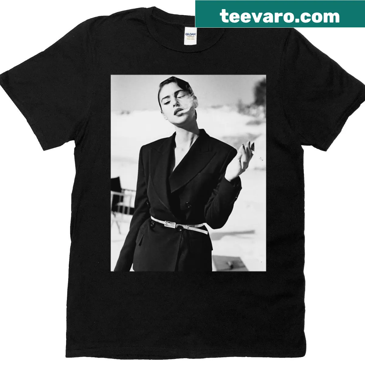 Vintage fashion photography t-shirt featuring a famous model — on a men's t-shirt