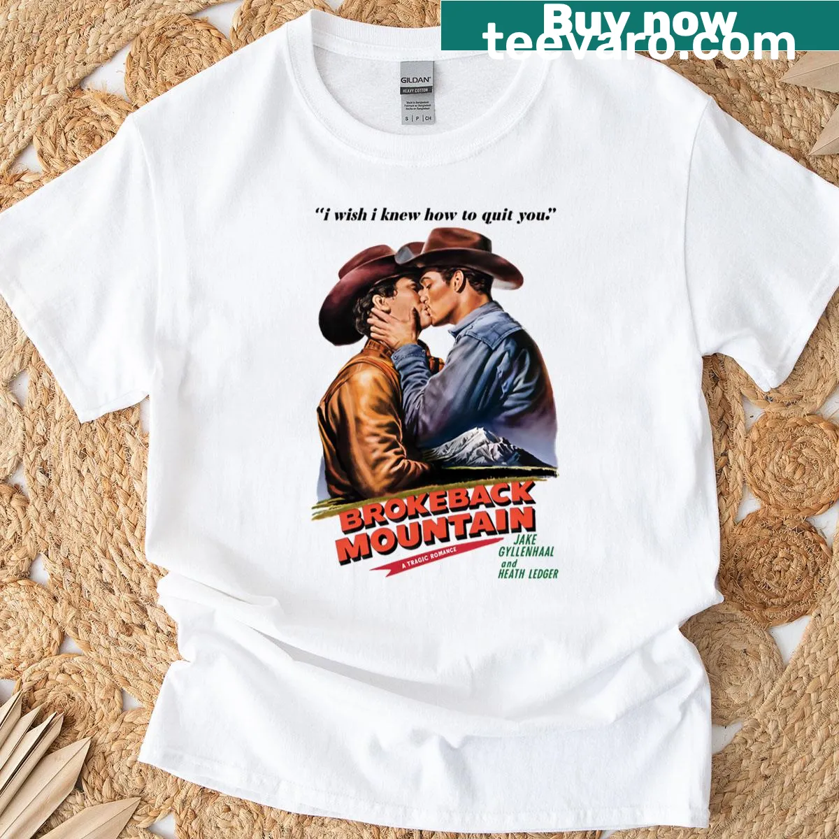 Vintage t-shirt featuring a Brokeback Mountain movie poster design. — on a men's t-shirt