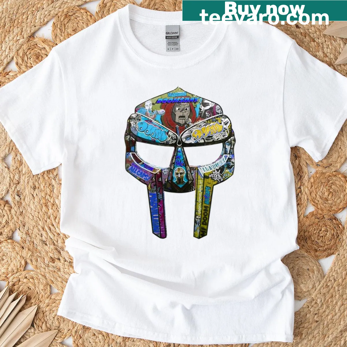 Vintage Doom Mask t-shirt with bold horror-themed graphics — on a men's t-shirt