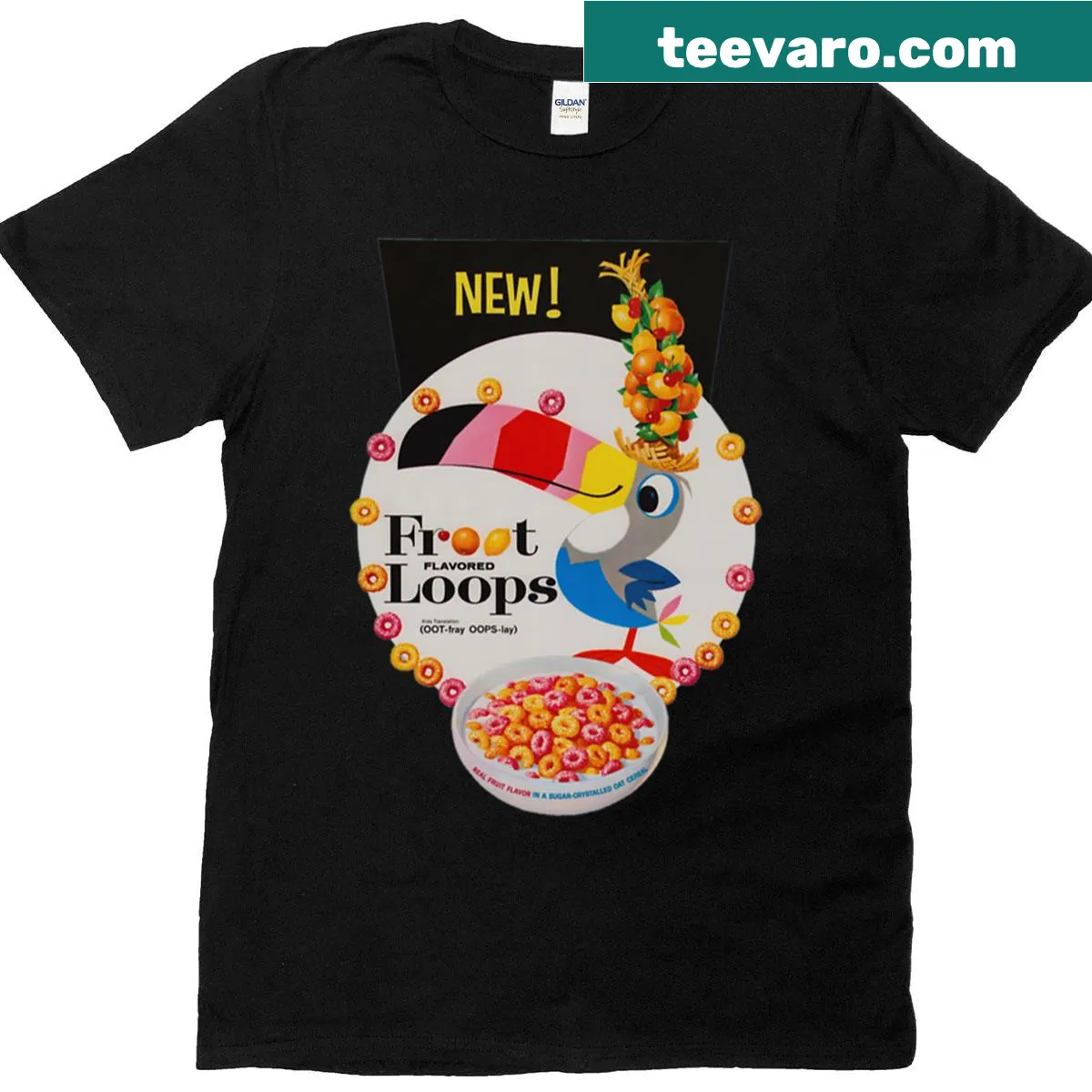 Vintage advertisement t-shirt for Fruit Loops cereal — on a men's t-shirt