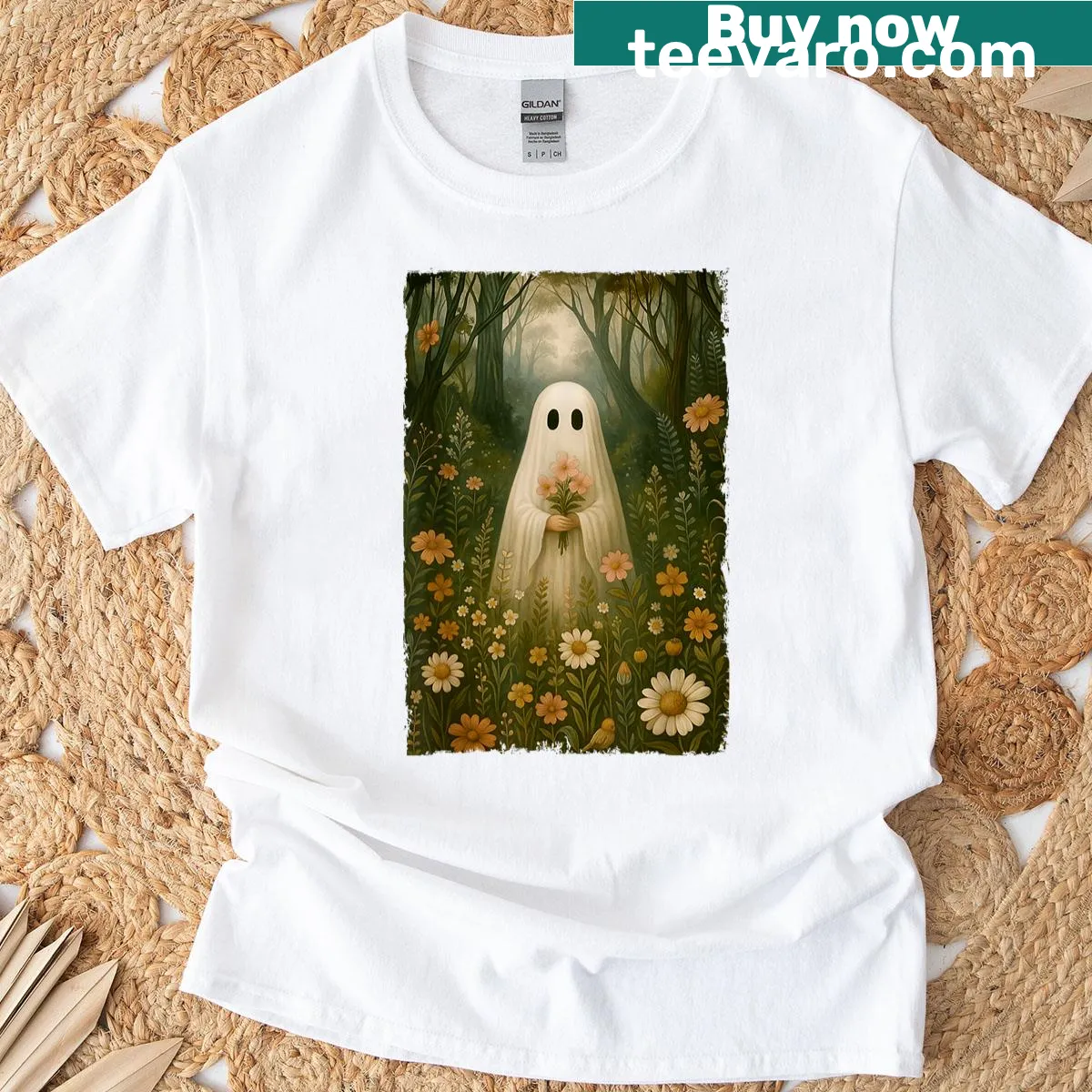 Cute ghost design on a vintage Halloween t-shirt — on a men's t-shirt