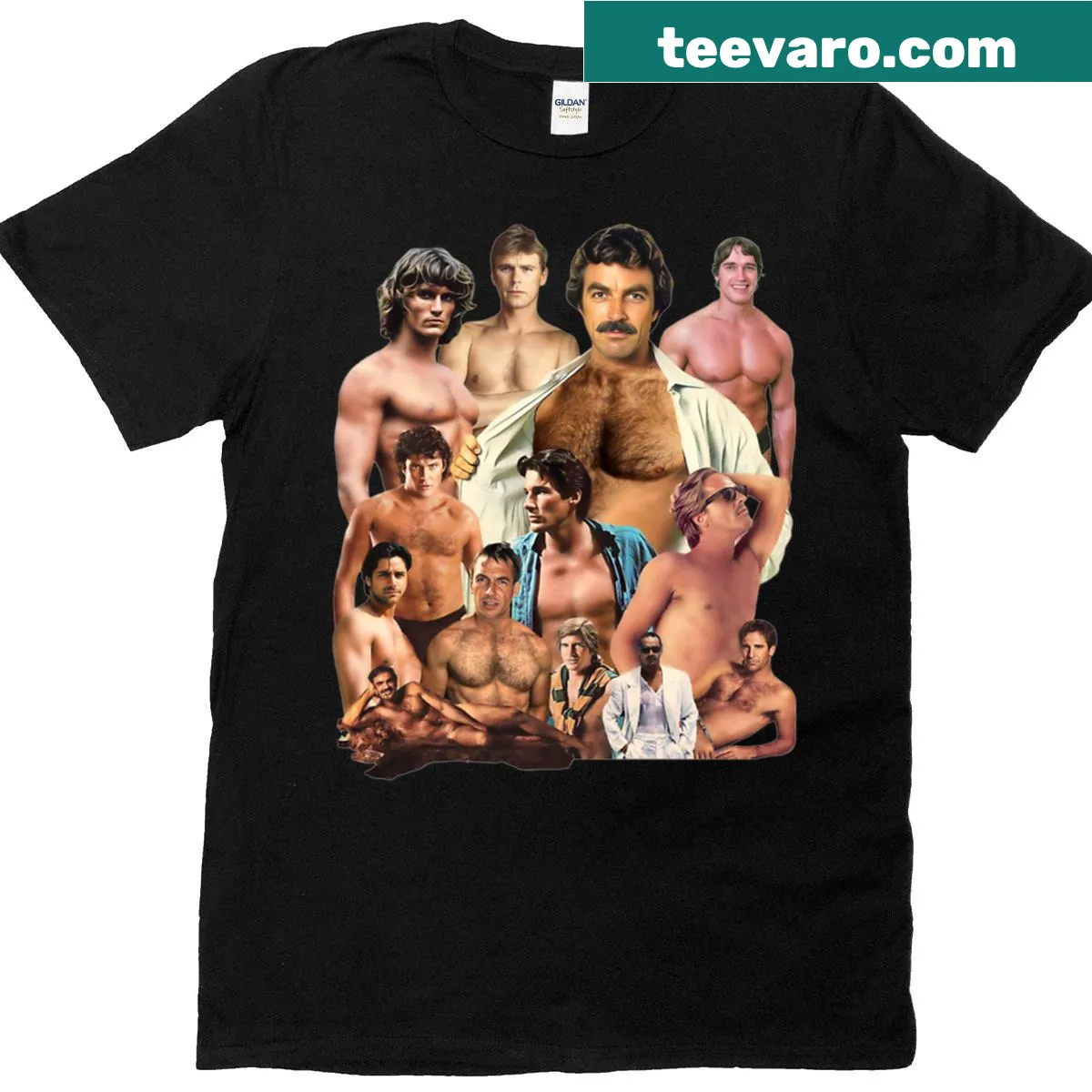 Vintage t-shirt featuring iconic hunks from the 1980s — on a men's t-shirt