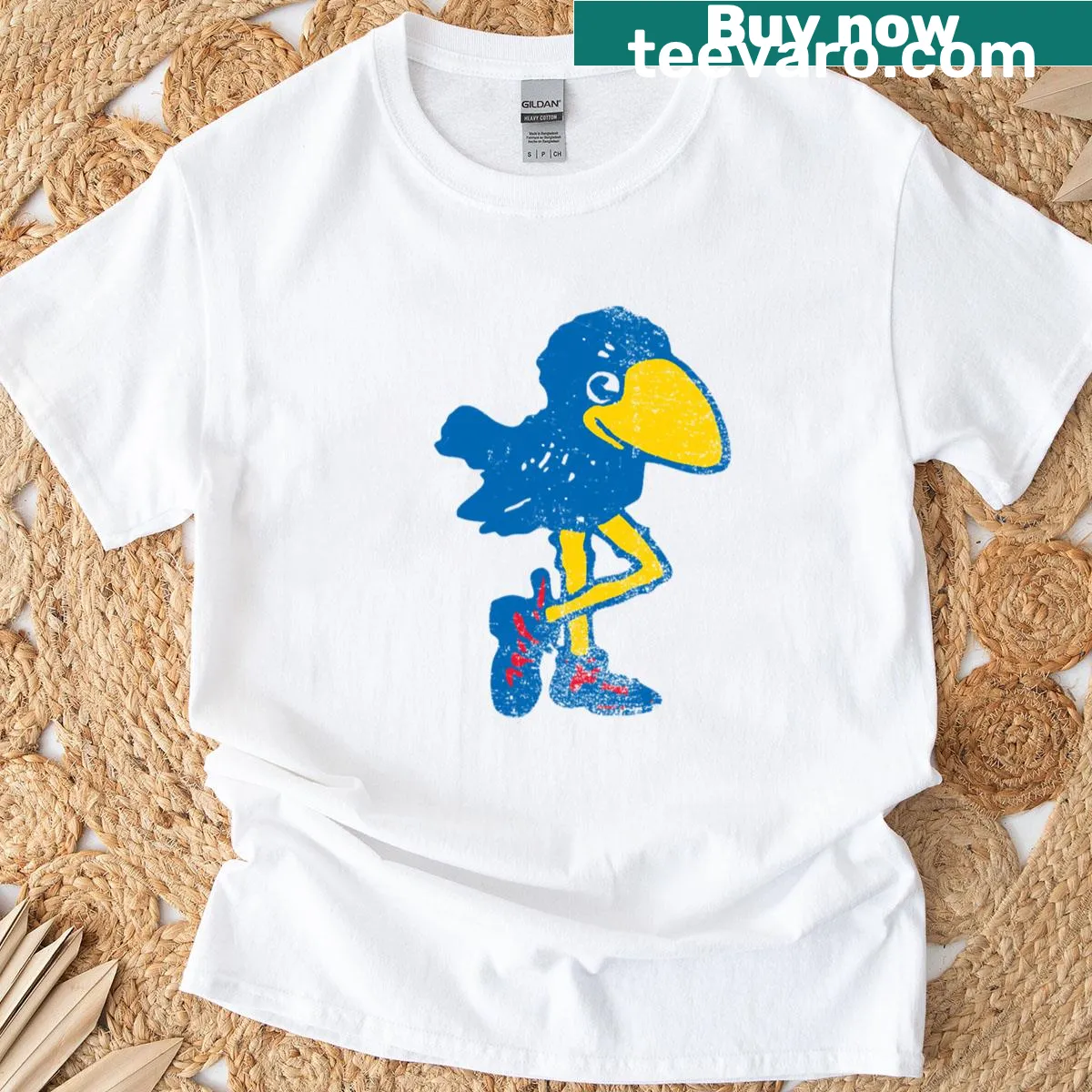 Vintage Jayhawk mascot graphic t-shirt — on a men's t-shirt
