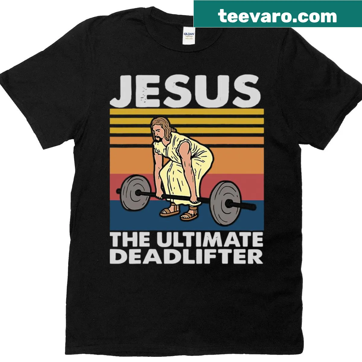 Funny workout t-shirt depicting Jesus as the ultimate deadlifter in retro style — on a men's t-shirt
