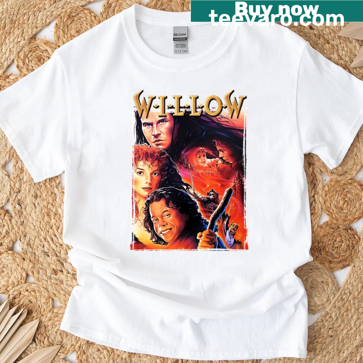 Illustrative T-shirt celebrating vintage high fantasy films — on a men's t-shirt