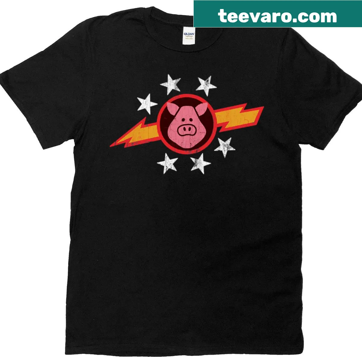 Vintage distressed T-shirt featuring cartoon pigs in space — on a men's t-shirt