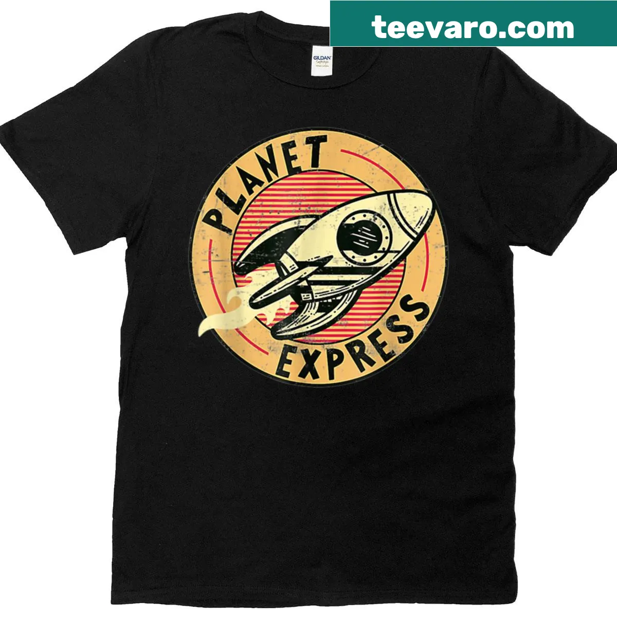 Vintage-style T-shirt featuring Planets Express spaceship — on a men's t-shirt