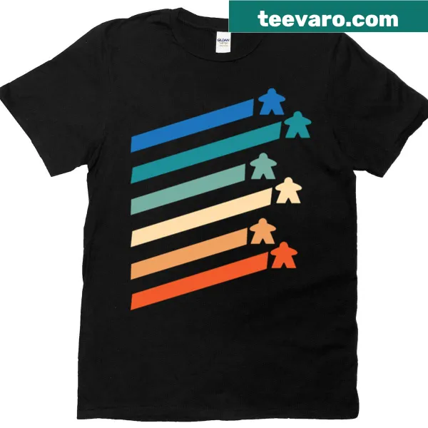 Vintage-style t-shirt with rainbow meeples from Carcassonne