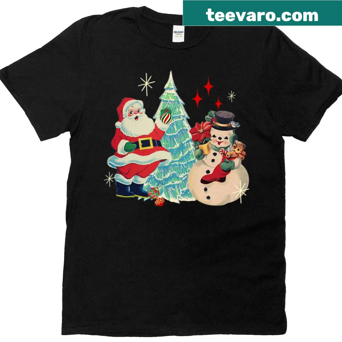 Vintage Santa and Snowman t-shirt with festive design — on a men's t-shirt