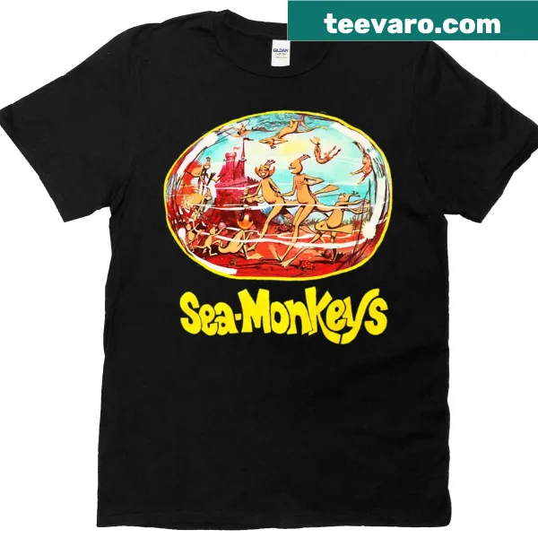 Vintage-style t-shirt featuring playful sea monkeys imagery