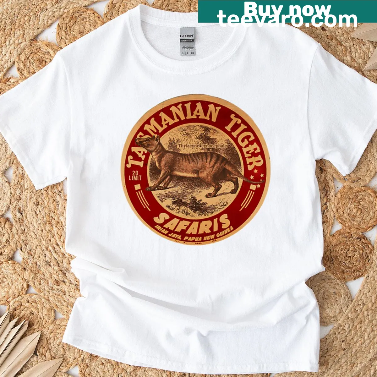 Vintage Tasmanian Tiger Safari t-shirt featuring playful animal illustration — on a men's t-shirt