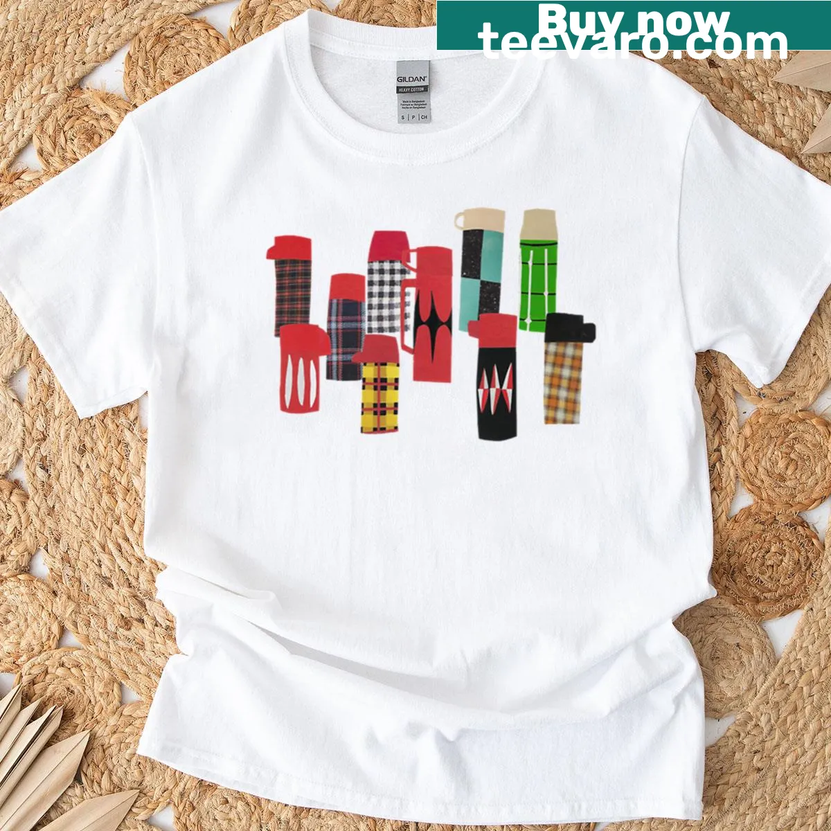 Illustrated T-shirt featuring a collection of vintage thermoses — on a men's t-shirt