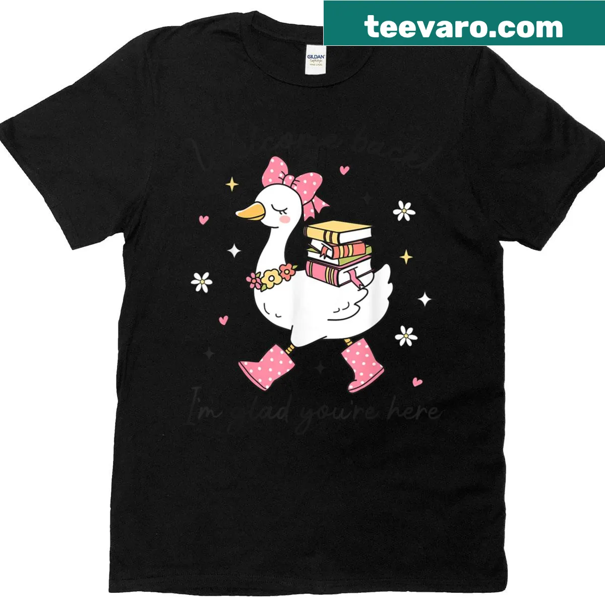 Back-to-school T-shirt with a funny goose and welcoming text — on a men's t-shirt