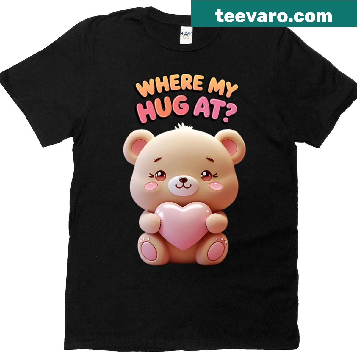 Oversized cute teddy bear t-shirt holding a heart — on a men's t-shirt