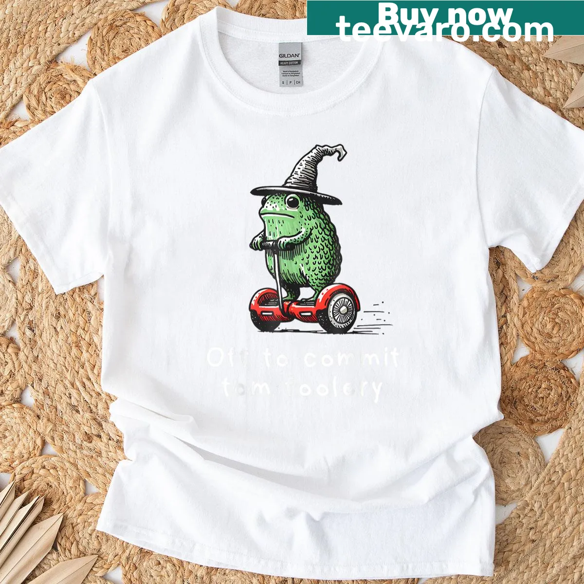 Funny frog wizard graphic tee with humorous design — on a men's t-shirt