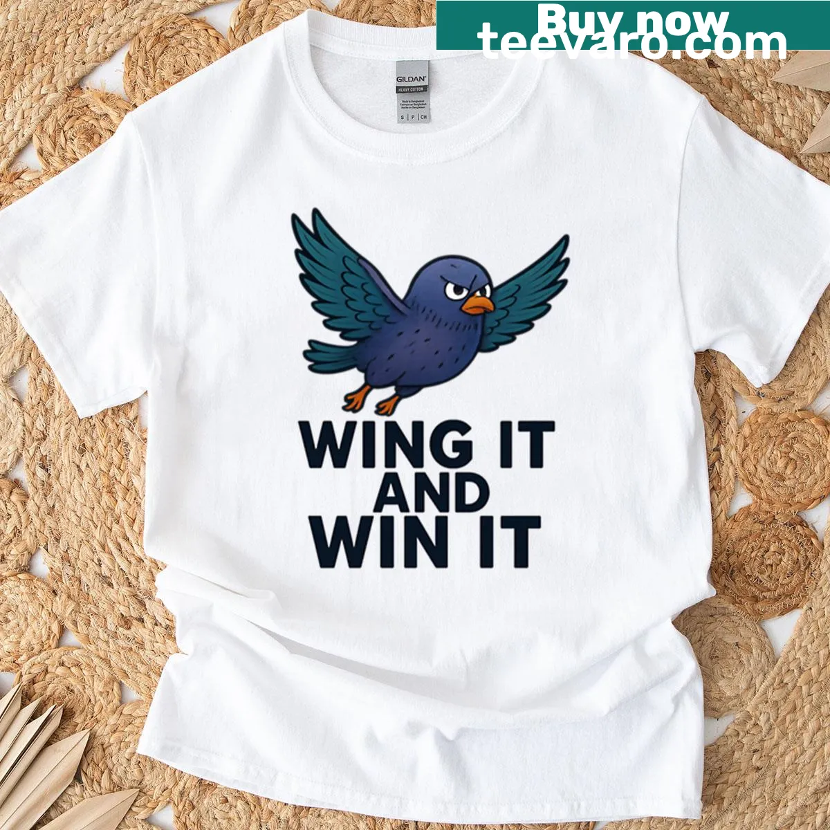 Motivational bird design with the phrase 'Wing It And Win It' — on a men's t-shirt