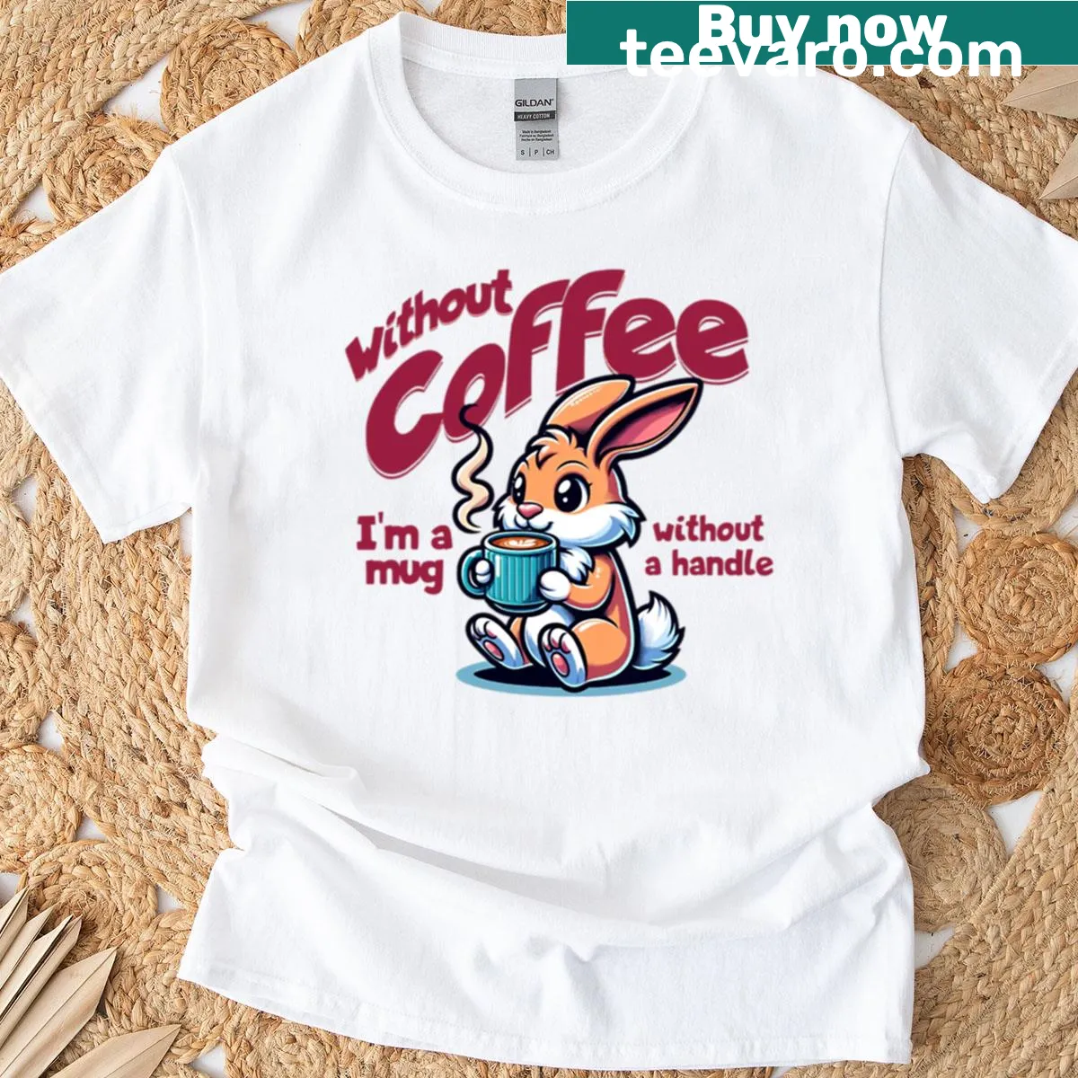 Oversized t-shirt featuring a funny bunny graphic about coffee — on a men's t-shirt