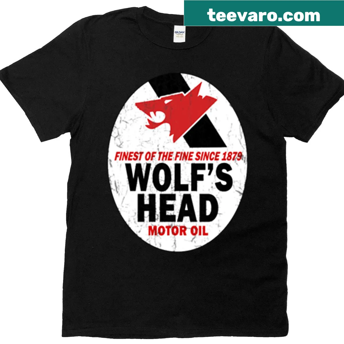 Illustration of a wolf's head with Wolfs Head Motor Oil logo t-shirt — on a men's t-shirt