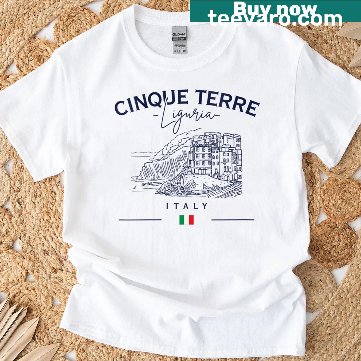 Cinque Terre graphic tee with Italian flag — on a men's t-shirt