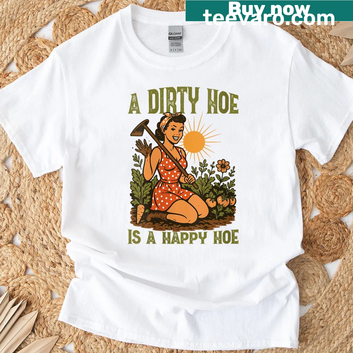 Funny gardening t-shirt with retro pin-up design and humorous saying — on a men's t-shirt