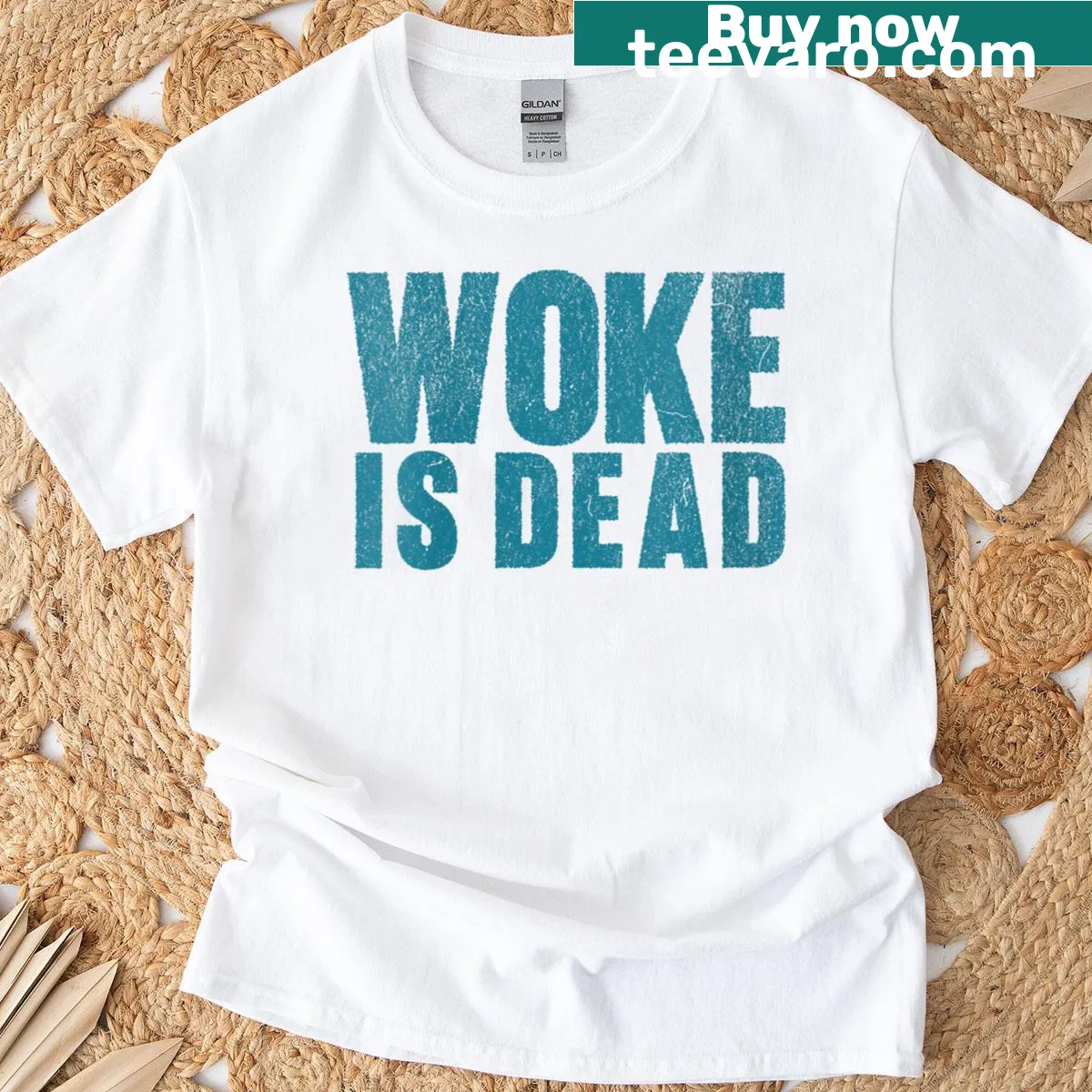 Bold statement T-shirt saying 'Woke Is Dead' in striking typography — on a men's t-shirt