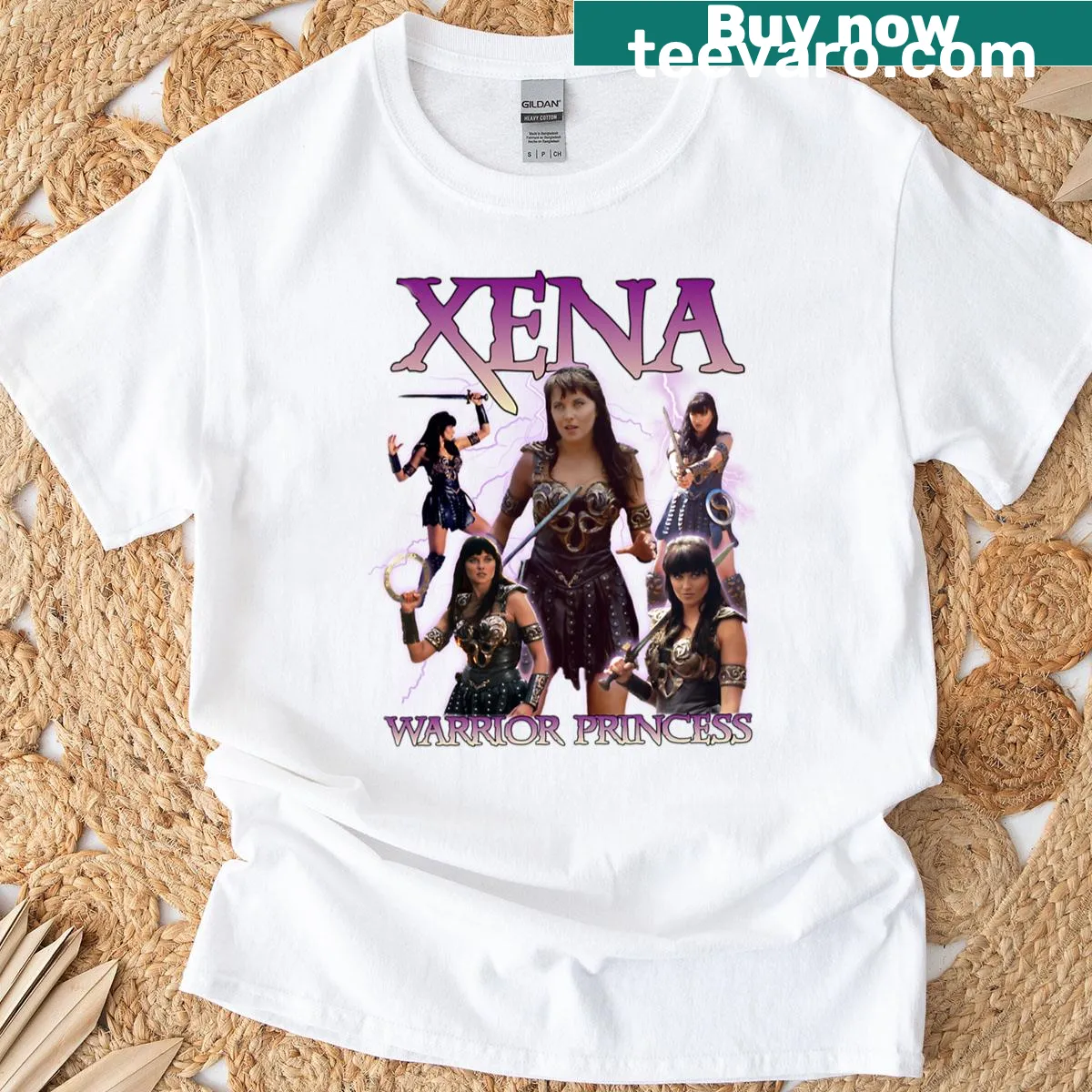 Xena Warrior Princess t-shirt featuring lightning graphics and bold illustration — on a men's t-shirt