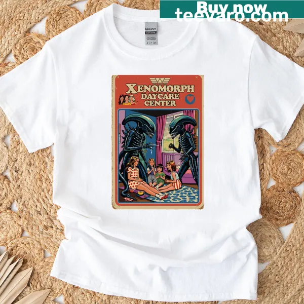 Cartoon-style t-shirt featuring a humorous Xenomorph daycare theme