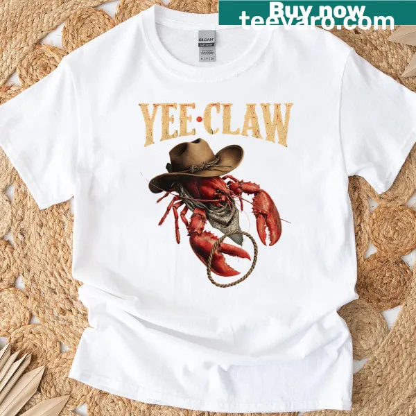 Funny lobster cartoon in cowboy attire with 'Yee Claw' text