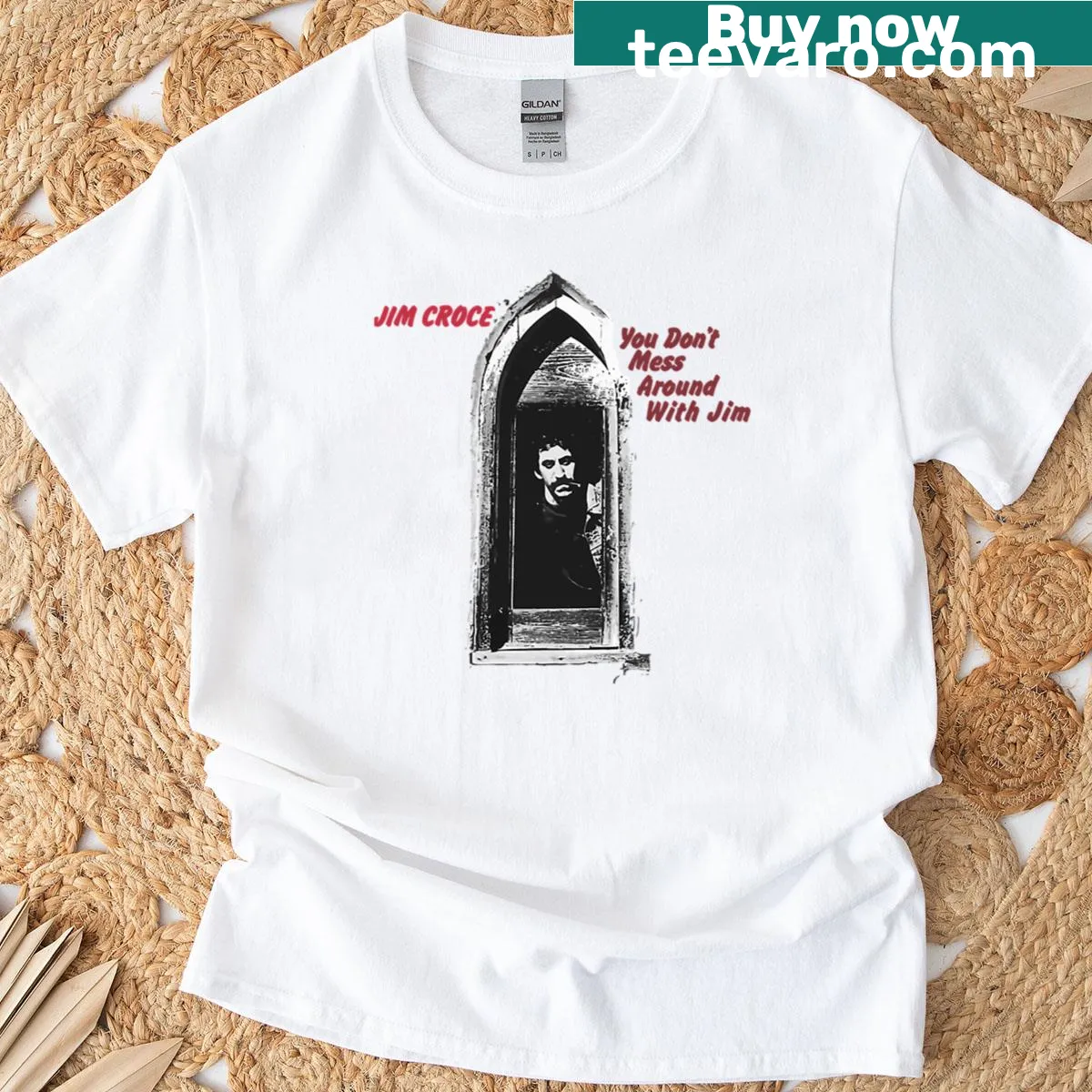 Album cover t-shirt featuring art from Jim Croce's You Don't Mess Around With Jim — on a men's t-shirt