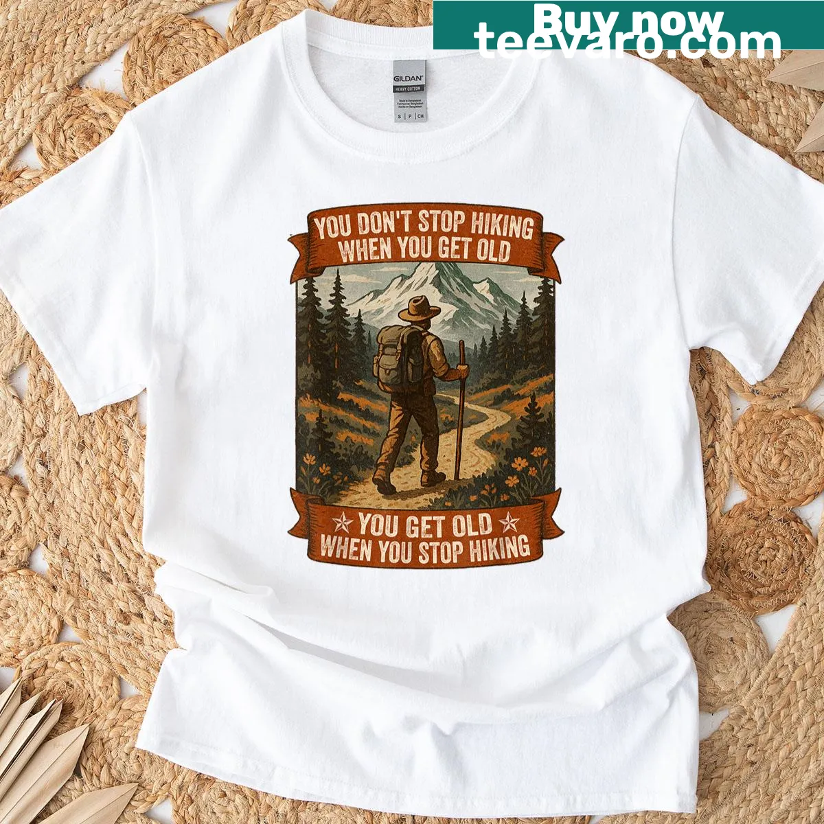 Inspirational hiking graphic T-shirt with motivational text — on a men's t-shirt