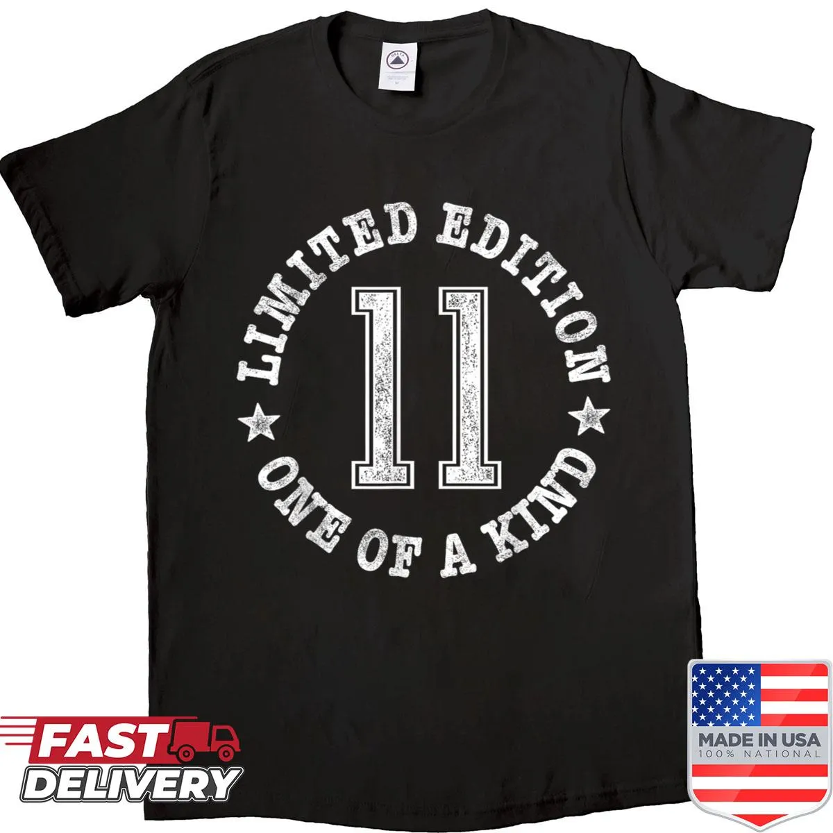 Illustrative birthday shirt for an 11-year-old with festive graphics