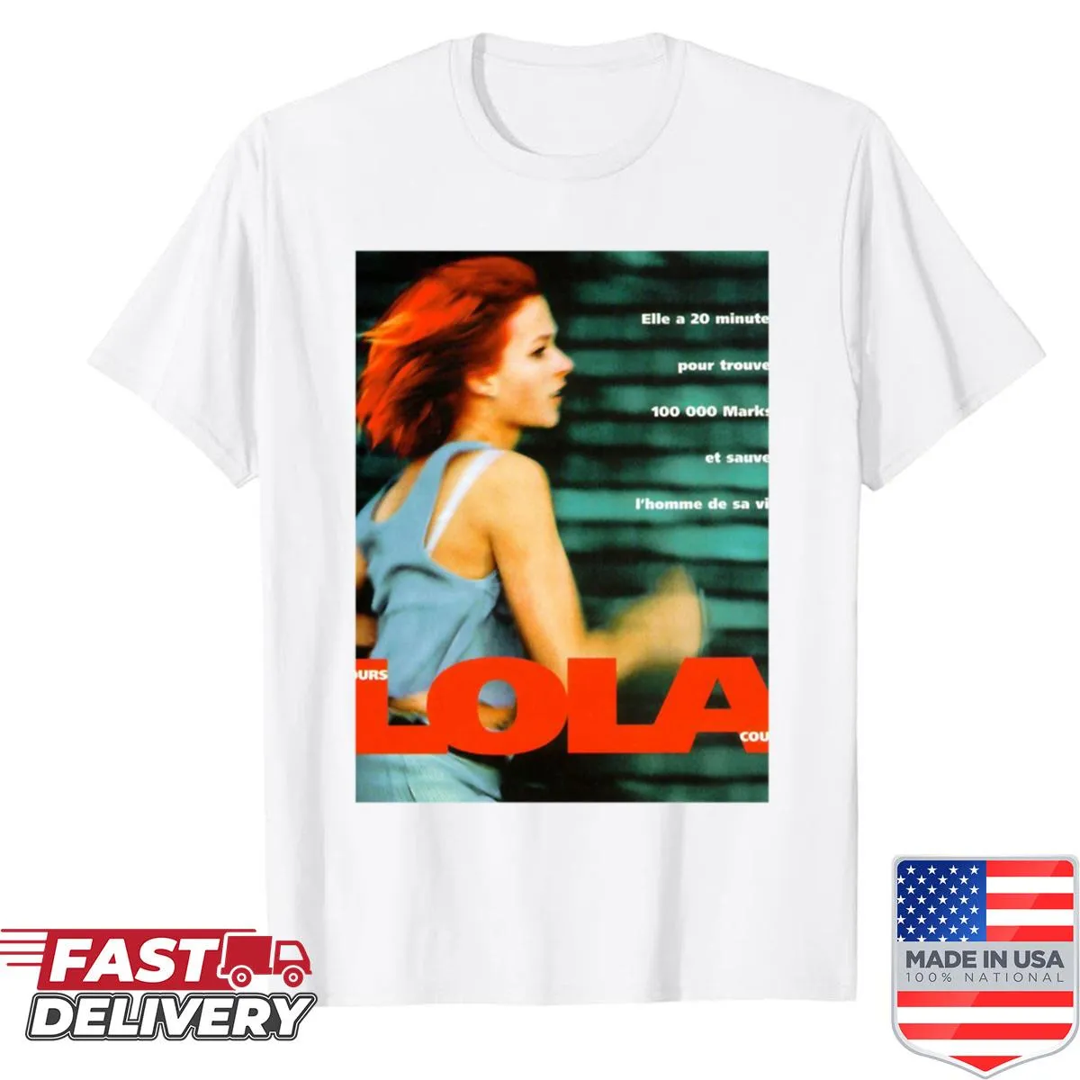 Graphic shirt inspired by the movie 'Run Lola Run' featuring bold typography