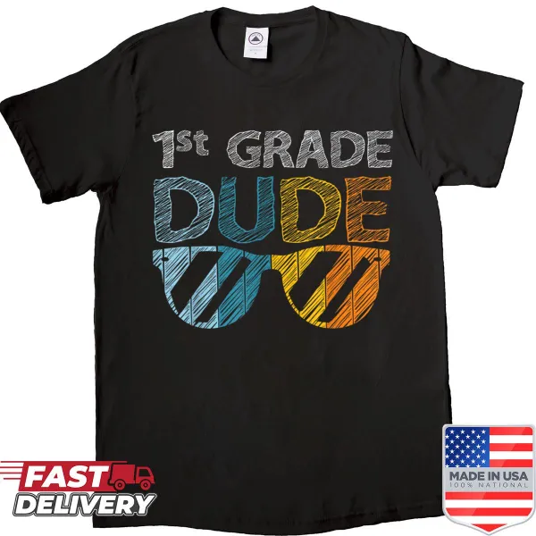 1st grade shirt for boys with a cool dude in sunglasses graphic