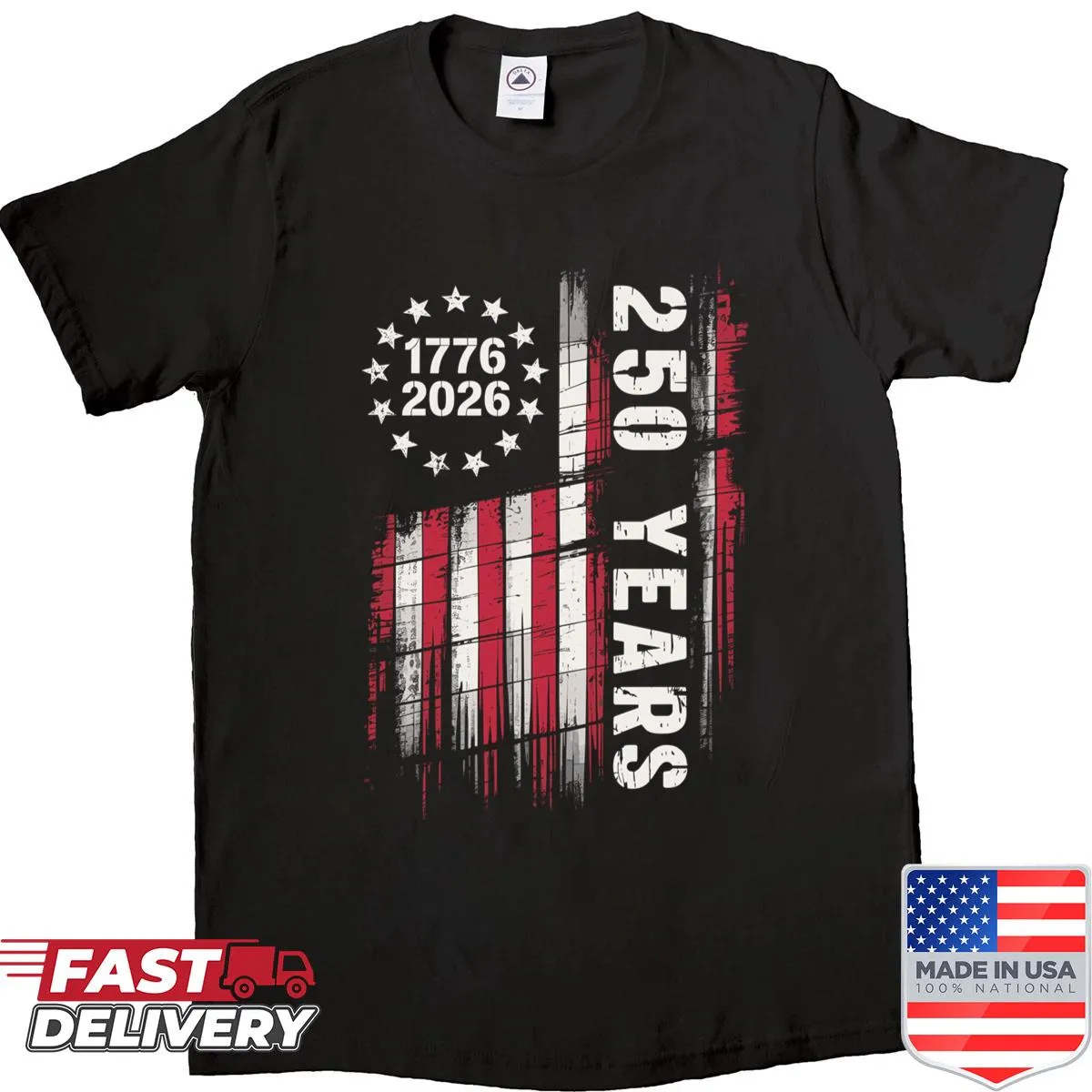 Grunge-style shirt featuring American flag design for anniversary