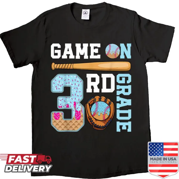 Playful t-shirt for 3rd graders featuring baseball and ice cream themes