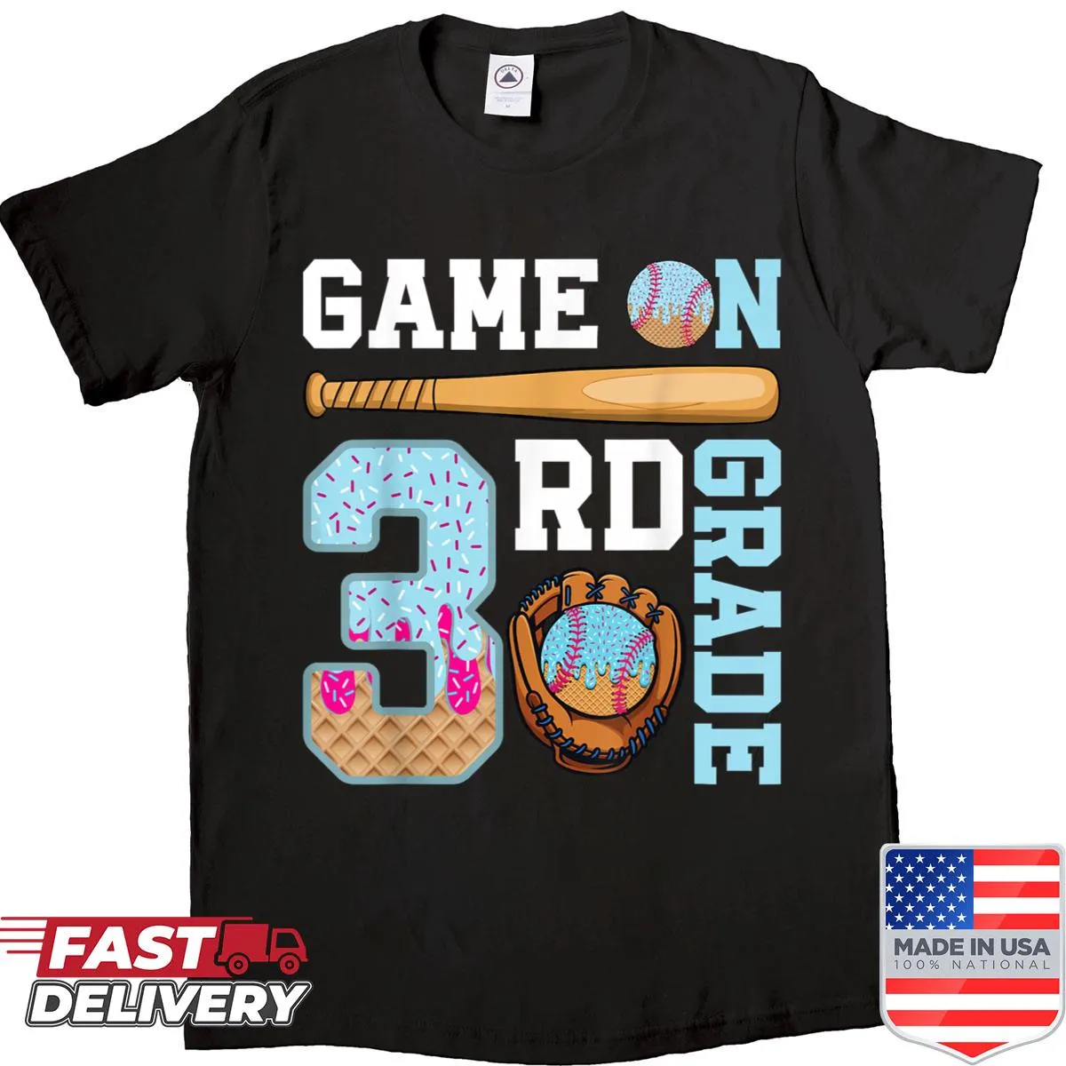 Playful t-shirt for 3rd graders featuring baseball and ice cream themes