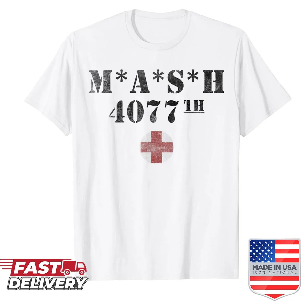 Vintage style shirt featuring the 4077 and Red Cross emblem design