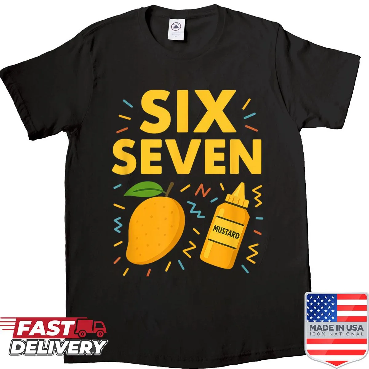 Humorous T-shirt featuring a graphic of mangos and mustard