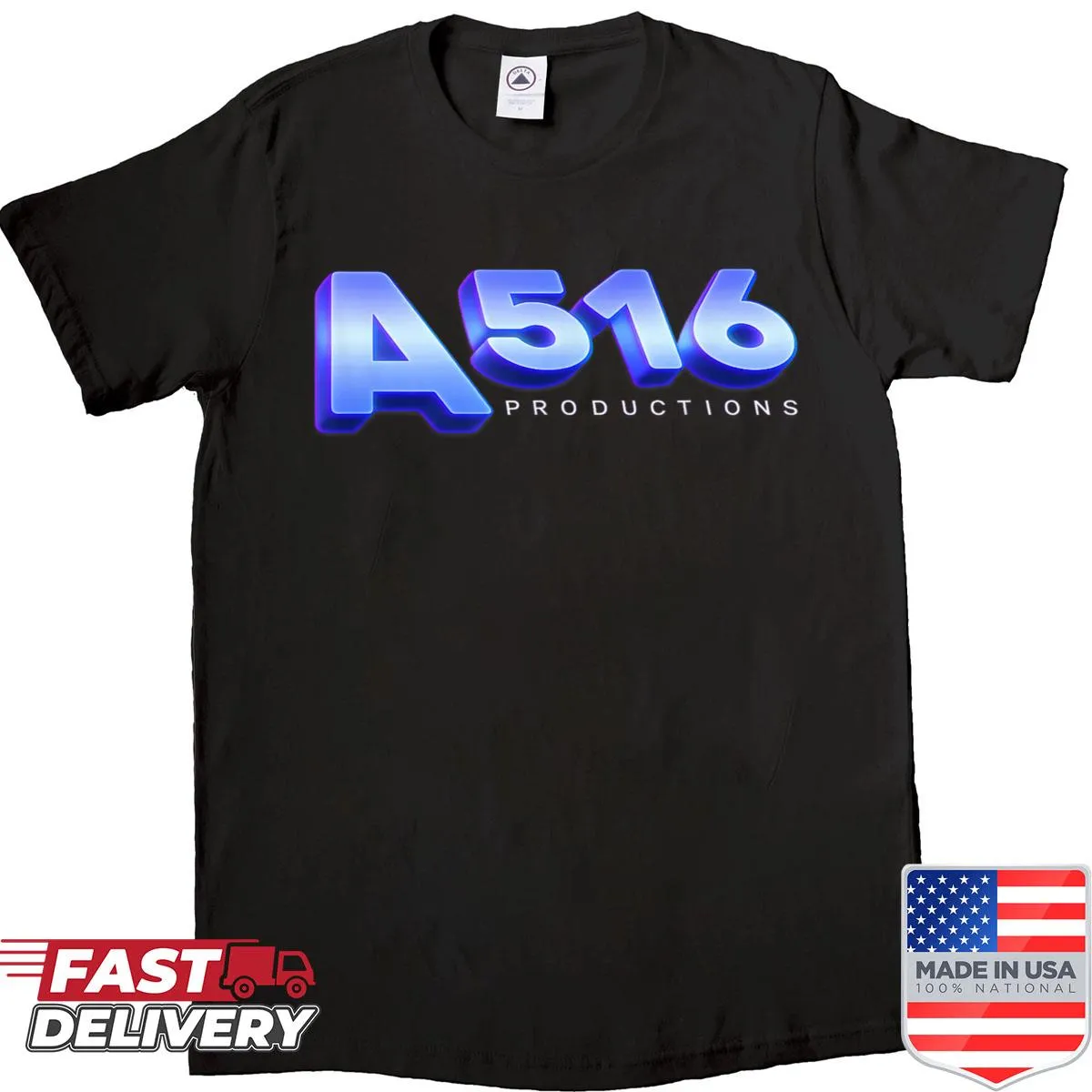 T-shirt featuring playful typography of 'A 516 Productions'